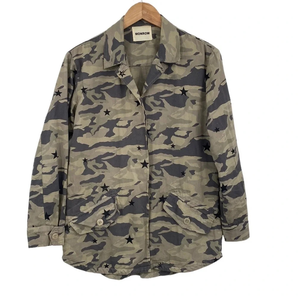 Monrow Vintage Shirt Jacket Womens‎ XS Green Gray Camo Stars Utility